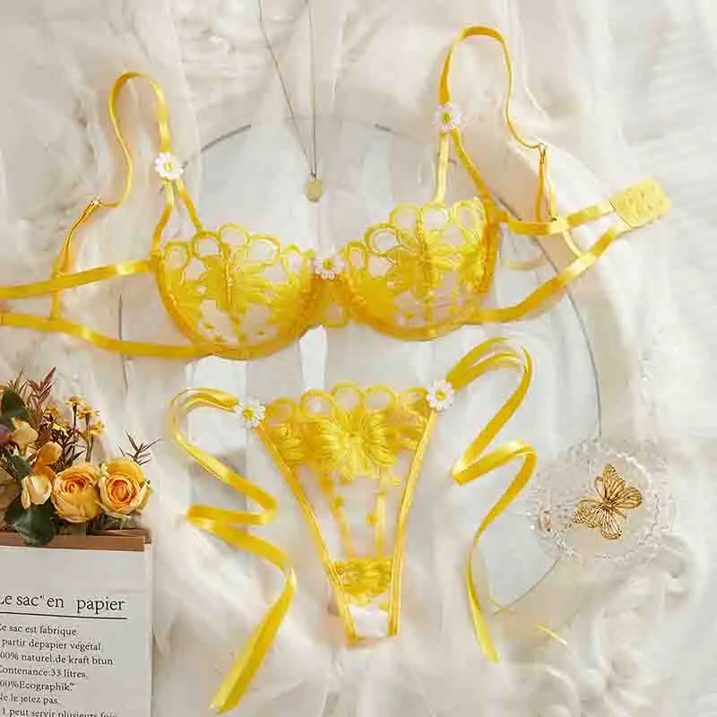 Sexy Lingerie New Lace Embroidery Flowers Bra Brief Set Fairy Seamless Strap Underwear Yellow Half Cup See Through Exotic Set