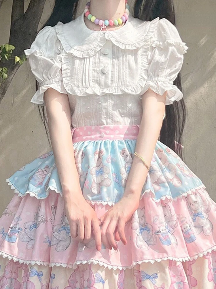 Sweet Lolita Blouses Women Cute Ruffles Peter Pan Collar Short Sleeve Shirts Japan Style Loose Inside Tops Kawaii Vintage Blusas