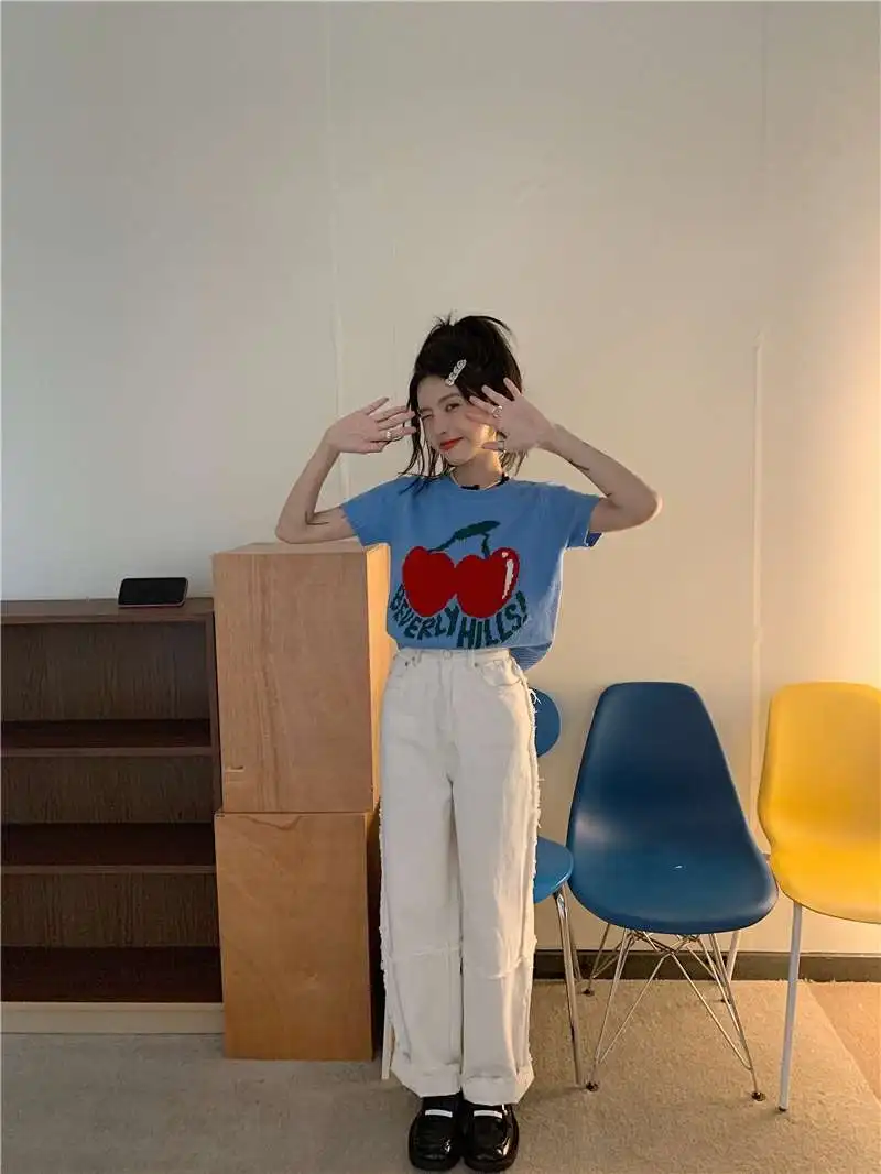 argyle sweater Knitted Shirt Women's Summer Thin Sweet Print Contrast New Short Sleeve Jacket red sweater