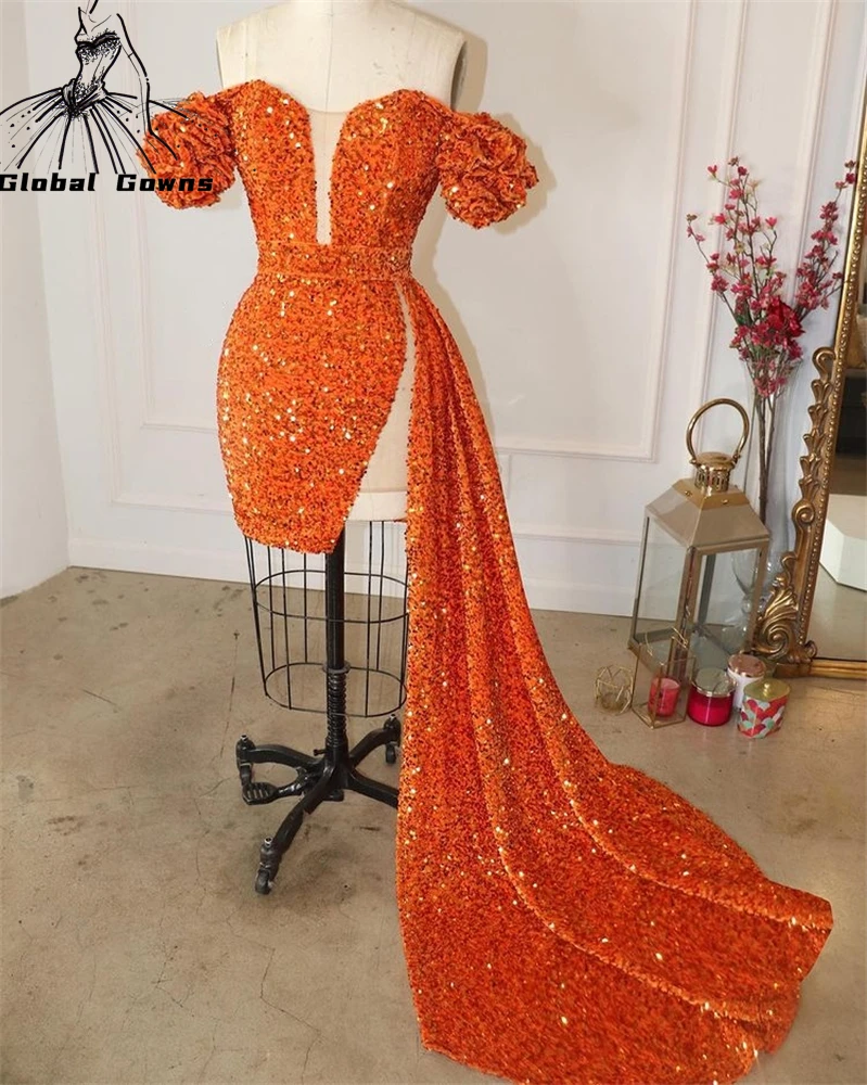 Sexy Orange Off The Shoulder Short Prom Dresses Ruffles Mini Cocktail