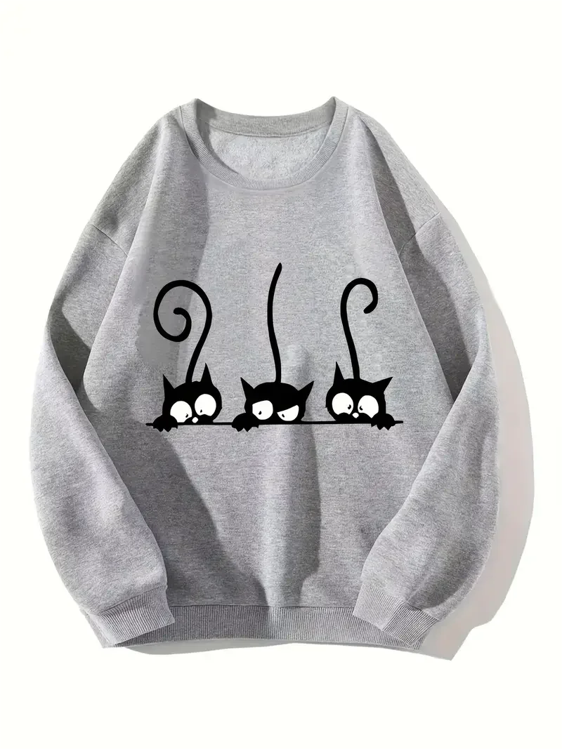 Halloween Black Cat Print Casual Long Sleeve Round Neck Sweatshirt, Fashion Sports Pullover Sweatshirt, Women's Clothing christmas letter print pullover sweatshirt casual long sleeve crew neck sweatshirt for fall