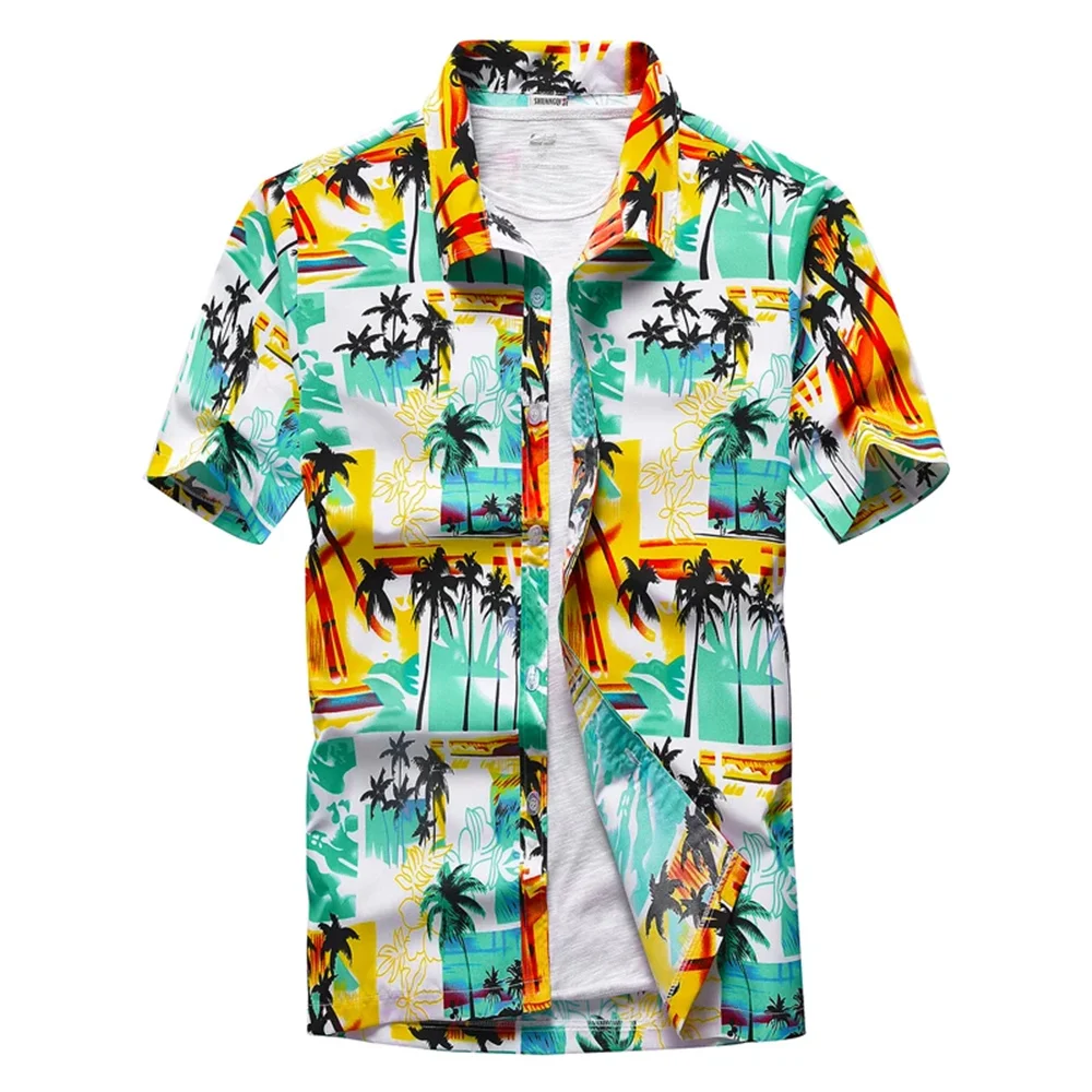 Summer Breathable Hawaiian Shirts Men Coconut Tree Printed Short Sleeve Button Down Vacation Plus Size