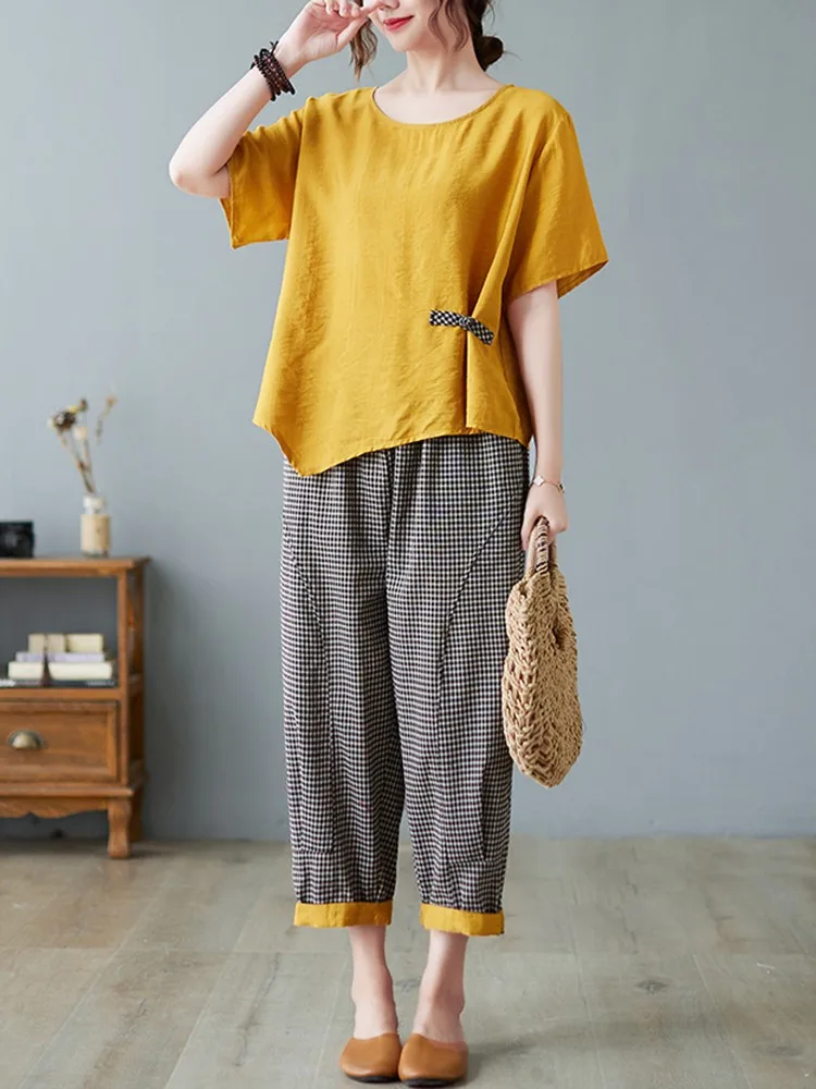 2 Piece Sets Women Casual T-shirt And Ankle-length Pants New Arrival 2024 Summer Vintage Style Loose Female Pant Suits