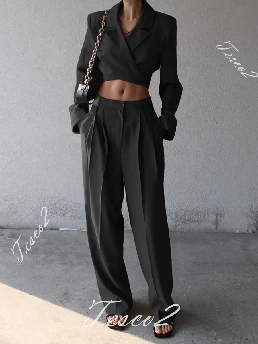 Tesco Trendy Pantsuit For Women Spring Short Crop Top+High Waist Wide Leg Pants Casual Blazer With Lace-up Women Chic Outfits