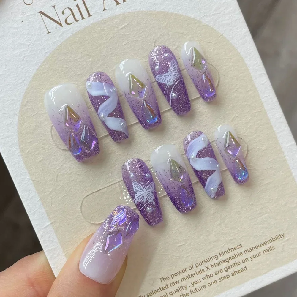 

Handmade Purple Press on Nails with Design Artifical Nail Tips Reusable Wearable False Nails with Glue Nail Art Manicure Y2K