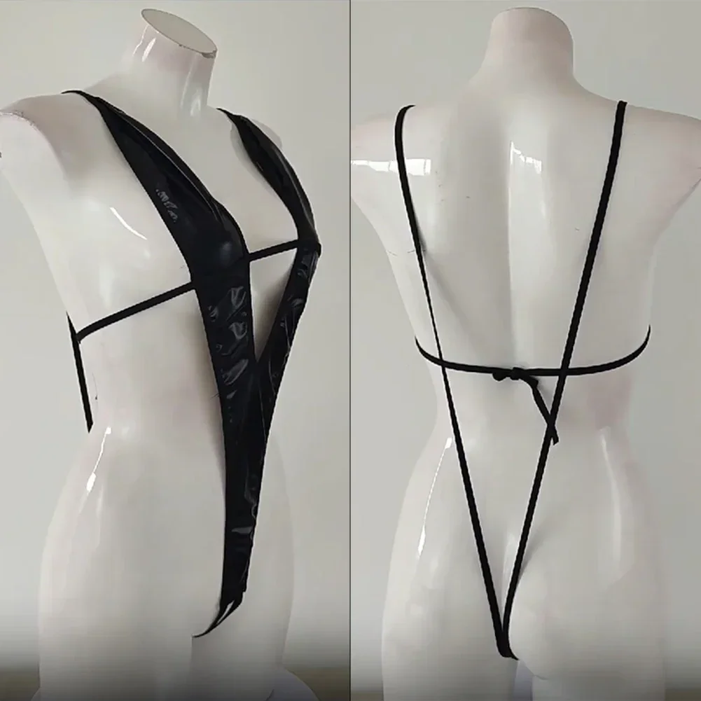 Sexy Lingerie Women Patent Leather Three-Point Deep V Bodysuit Backless G-string Crotchless Jumpsuit Erotic Temptation Nightwear