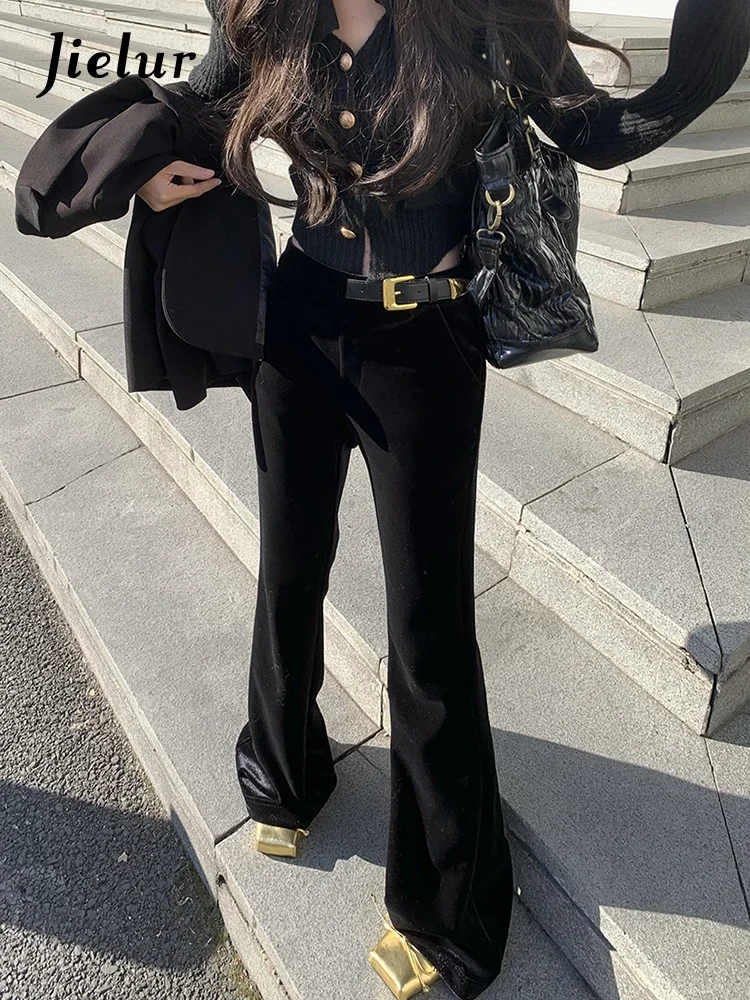 Jielur New Gold Leather Loop Buckle Velvet Black Flare Pants Spring Korean Fashion Versatile Women Casual Simple Women's Pants