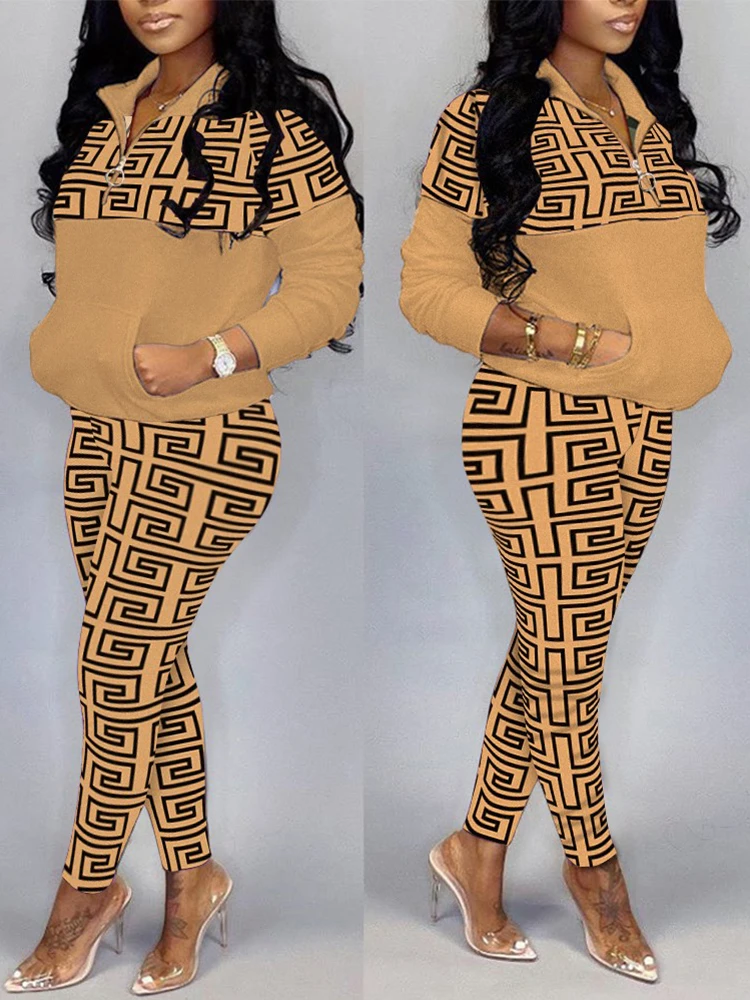 

Sets Outifits 2023 New Geo Print Pocket Zipper Front Top & Pants Set of Two Fashion Casual Pieces for Women Tracksuits Female