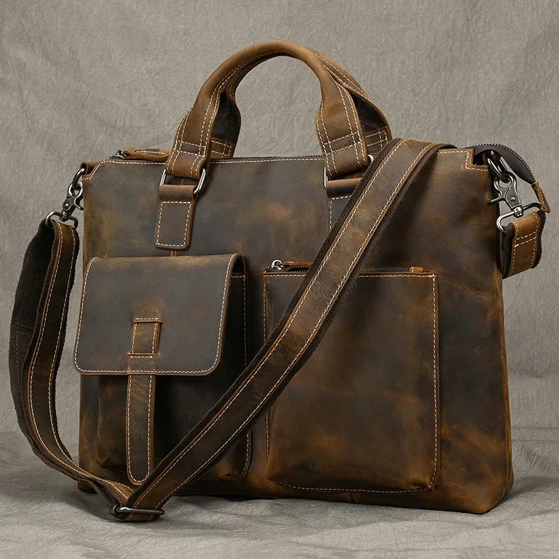 

Men Bags Handbag 's Fashion Bag Briefcase Officetote Leather Portfolio Cow Bag Horse Hand Crazy Laptop