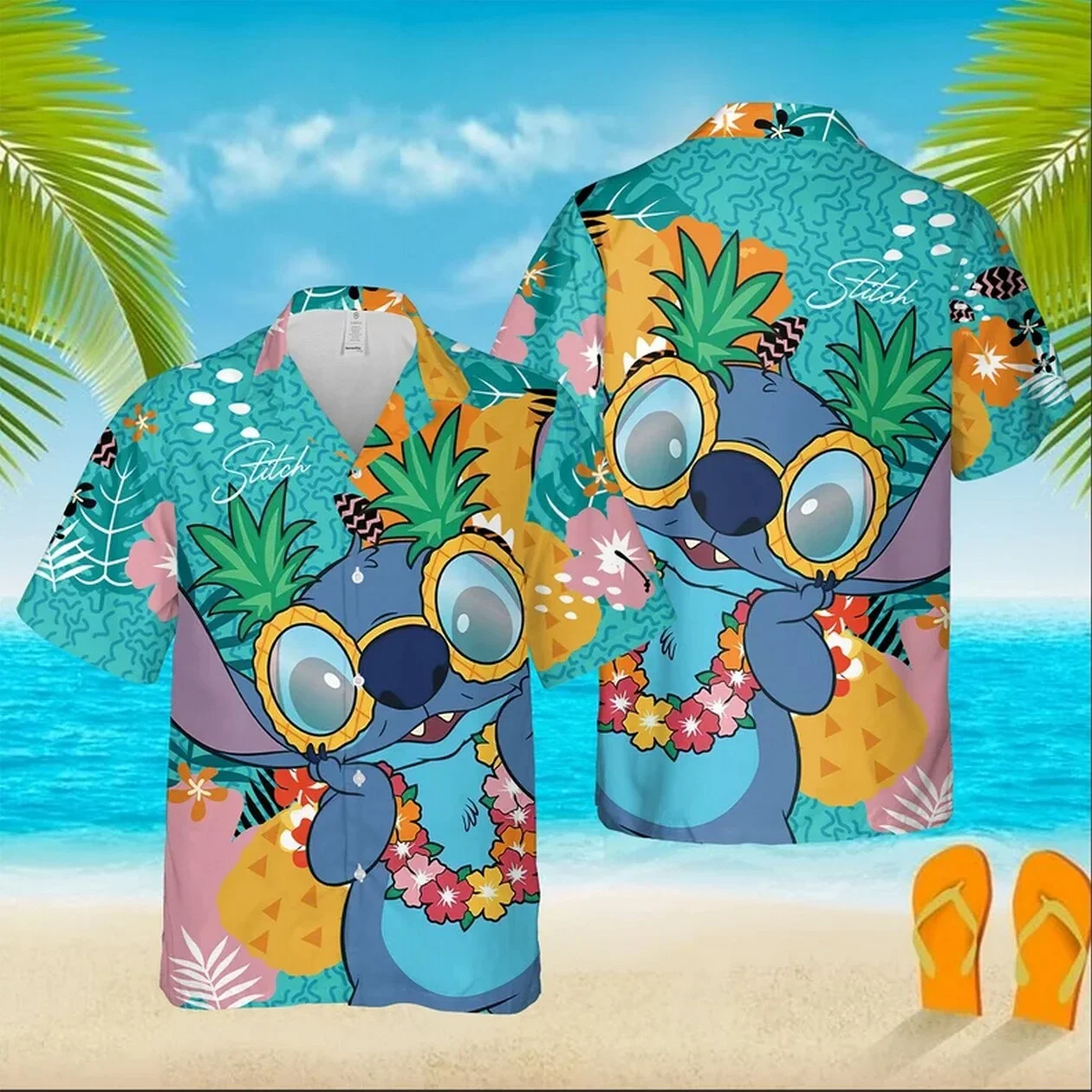 

New Summer Lilo And Stitch Men's Shirt Disney Stitch Hawaiian Shirt Fashion Disney Hawaiian Short Sleeve Shirt Men's Casual Tops