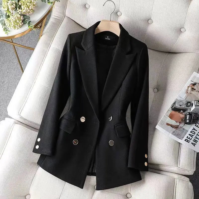 Women Korean Fashion Elegant Solid Slim Double Breasted Blazer Spring Autumn Office Lady Business Casual Long Sleeve Suit Jacket