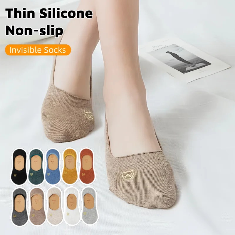 Women's Cartoon Cat Invisible Boat Socks 3/5/10 Pairs Summer Thin Silicone Non-slip Low-cut No-show EU 35-40 US 4-8