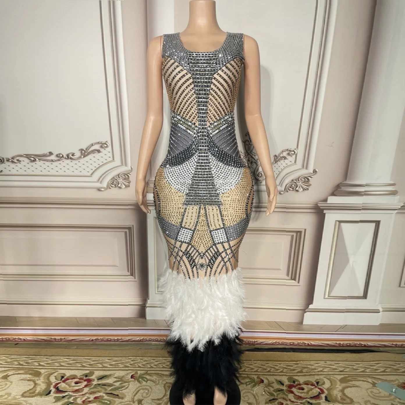 

Top Qulity Sparkling Diamonds Feathers Sleeveless Mermaid Long Dress Celebrate Nightclub Party Singer Performance Costume