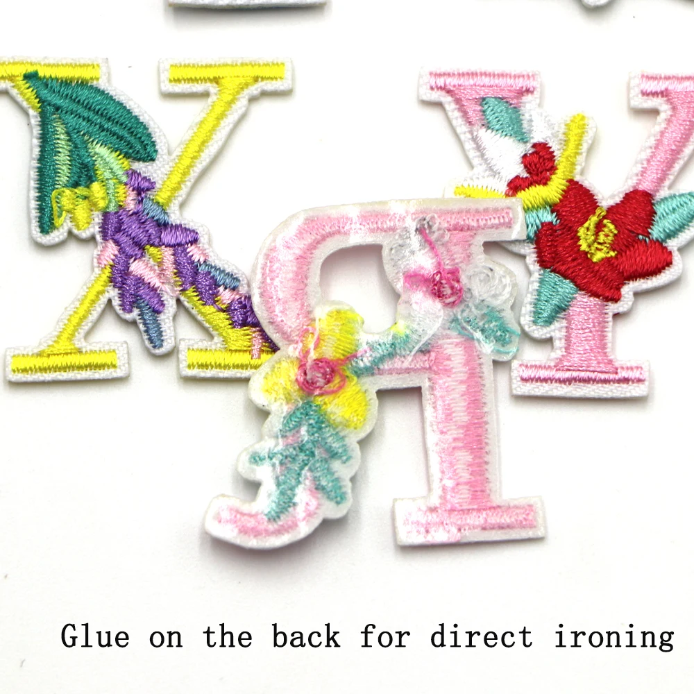 1PC Flowers Embroidered Letter Iron on Patches Sew on Applique Patches DIY Name Badge Decor Repair For Clothing