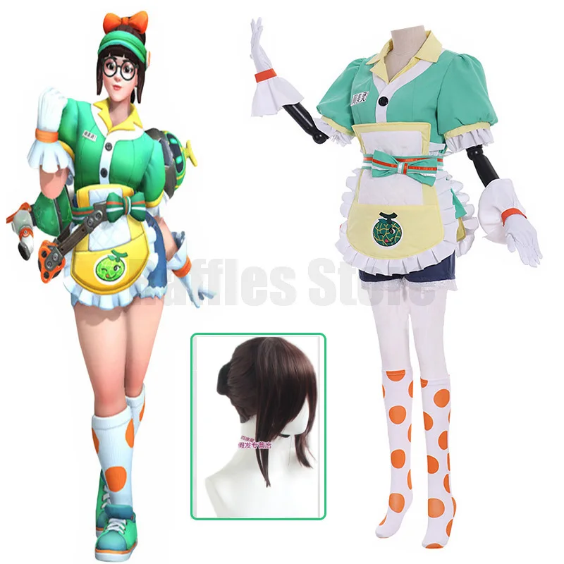 

Game Overwatch Mei Cosplay Costumes Meiling Zhou Wig Suit Fullset Green Clothes Halloween Carnival Outfit For Women Girls