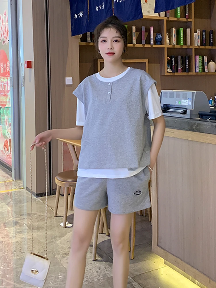 Maternity Summer Sports Suits Short Sleeve White Tees+Jackets+Belly Shorts 3PCS Pants Suits Pregnant Woman Cotton Clothes Set