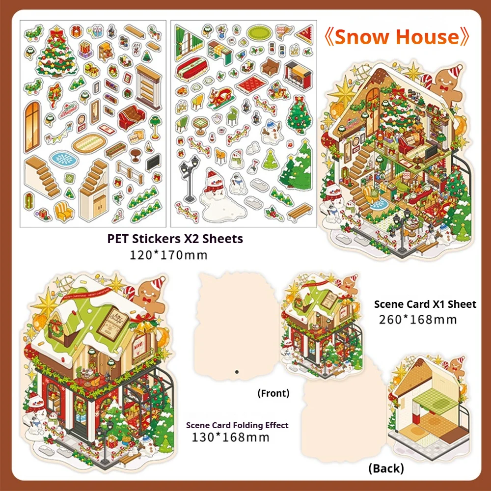 Christmas Miniature Scene 3D Stickers-Easy-Tear Cute Cartoon House Series DIY Craft Stacking 3D Layered Scrapbook Holiday Gift