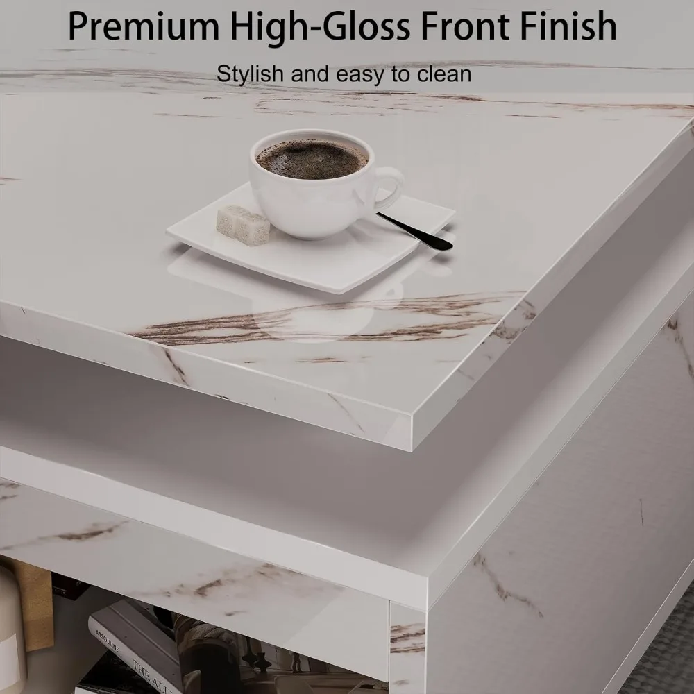LED Coffee Table with Storage, White Coffee Table with Wireless Charging and Speaker, High Glossy Modern Center Table with 5