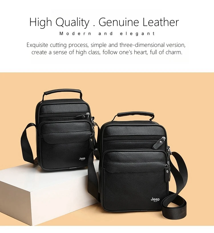 JEEP BULUO Brand Genuine Leather Men Shoulder Bags Black High Quality Male Cow Leather Crossbody Tote Handbags Business Fashion