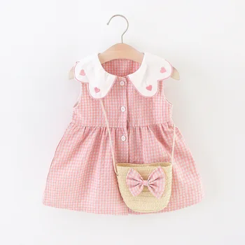 2 Pcs Summer New Dress Girl's Sleeveless Lace Heart Collar Sweet and Beautiful Plaid Button Cotton Cloth Dress 1