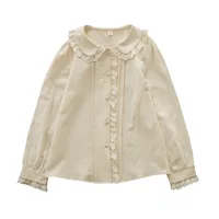 New Autumn 100% Cotton White Shirts Women Solid Cute Tops Girl Peter Pan Collar Long Sleeve Chic Lace Blouses Spring T39134QM - Image 4