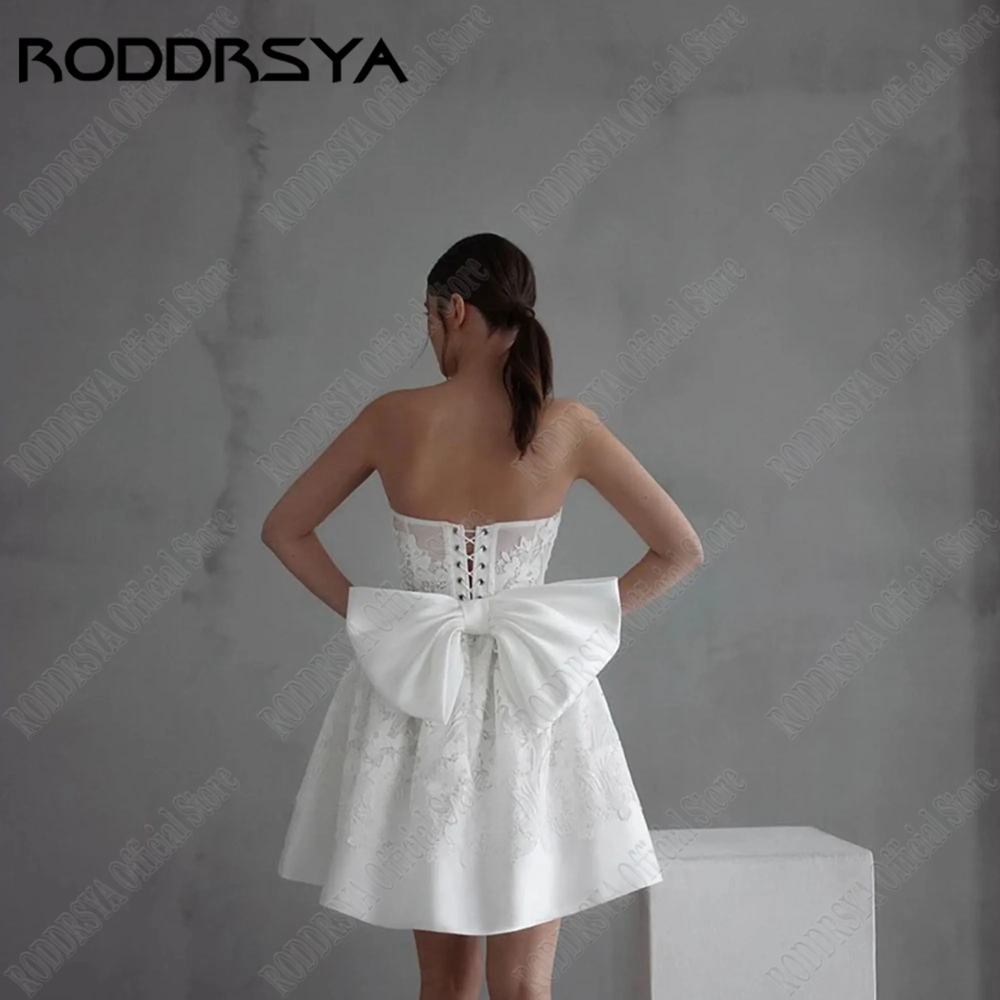 RODDRSYA Lace Mini Strapless Wedding Dresses Satin A-Line Sleeveless Brial Gowns With Bow Backless свадебное платье Custom 3