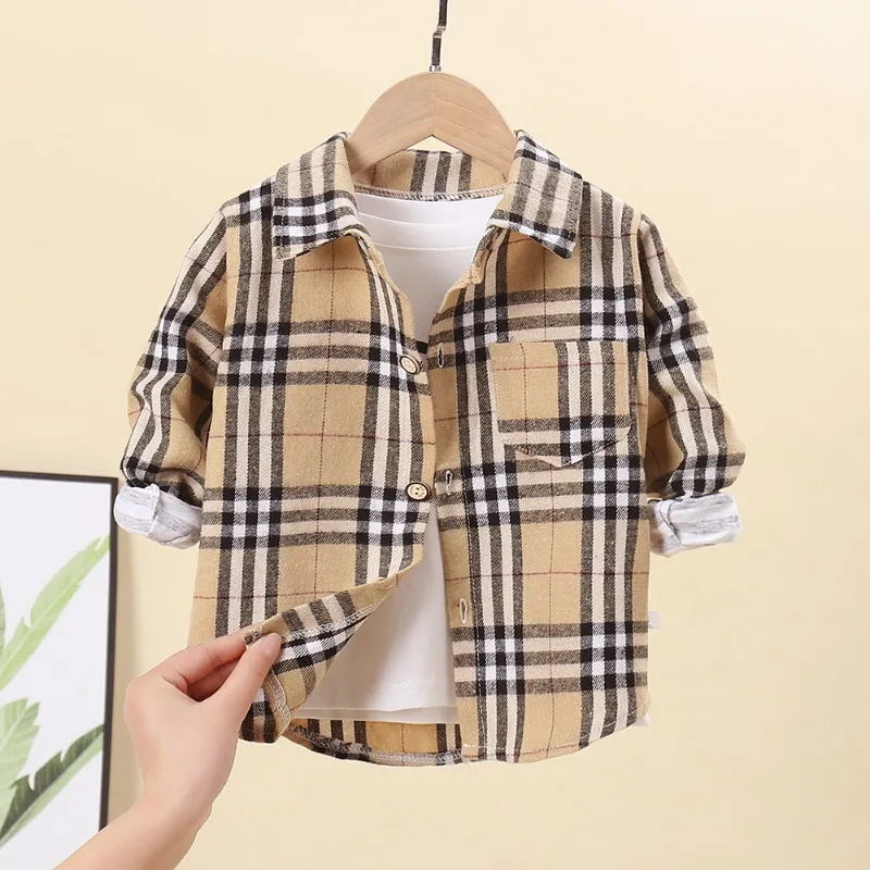 용수철 체크무늬 셔츠, 중소 아동용 상의, 긴팔 티셔츠, 한국 가디건 코트, 2023