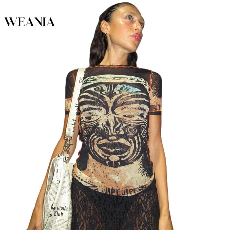 

Women Fashion Printed Crew Neck Mesh Slim Fit T-Shirt
