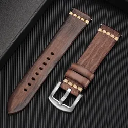 Vintage Retro Leather Watch Band with Quick Release and Stitching Details - Gold Buckle (Grey Brown)