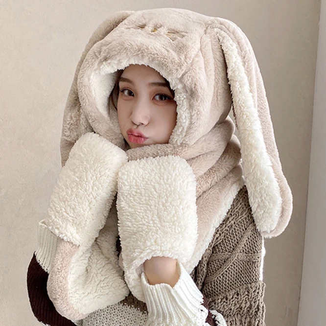 

3 in1 Gloves scarf Rabbit Hat long Ears Cute Cartoon Hat Kawaii Funny Birthday Gift Bunny Plush Cap Winter Beige