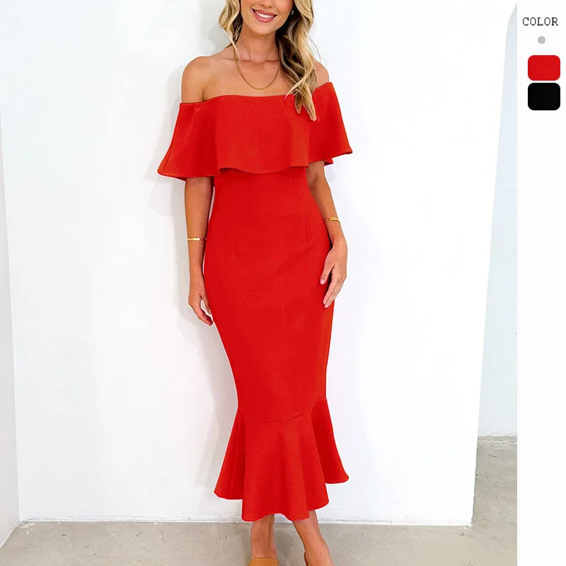 

Ladies Ruffle Edge Sexy One Shoulder Mid-length Dress 2024 Summer New Women's Solid Color Elegant Casual Dress for Party