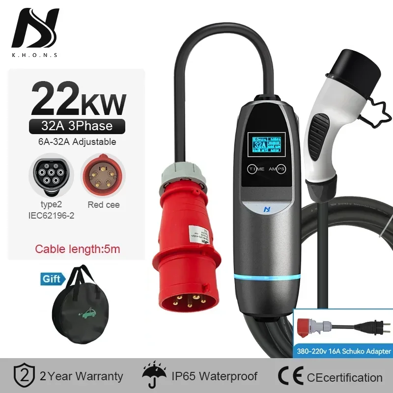Khons 전기 자동차 충전기, CEE 플러그 전기 자동차 충전 스테이션, IEC62196-2 충전 케이블, 3 상, 22kw, 16A, 32A
