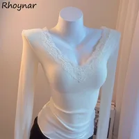 White Lace T-shirts Women Basic Spliced Delicate Sexy Ladies French Style Aesthetic Long-sleeve Slim Gentle Winter Inner Tops 1