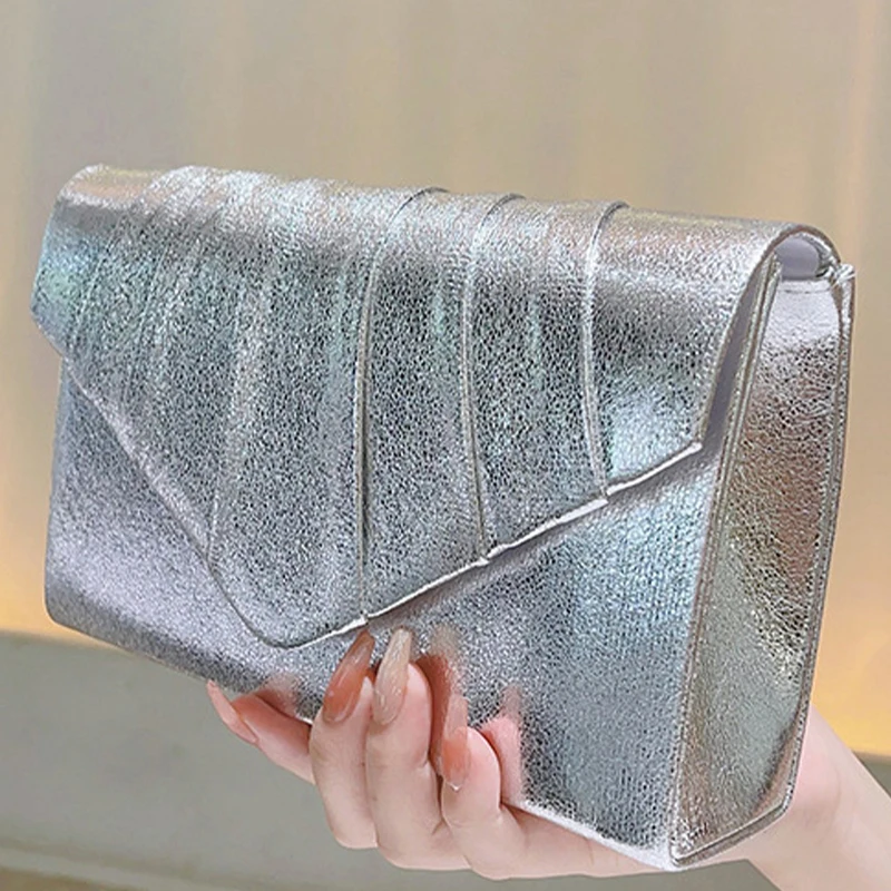 Gold Silver Square Bags for Women 2024 Trend Designer Luxury PU Leather Clutch Handbag Envelope Evening Shoulder Messenger Bag
