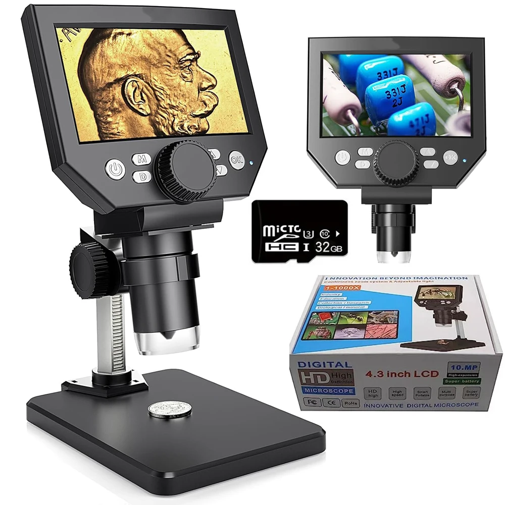 1000X 디지털 LCD 코인 현미경, 8개의 조정 가능한 LED 조명이 있는 코..