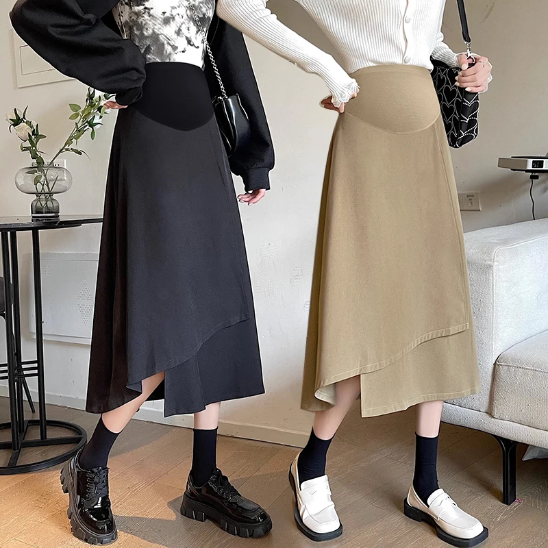 Spring Maternity Irregular Skirts Split High Low Fashion Pregnant Woman Belly Skirt Mid-calf Pregnancy Empired Skirt