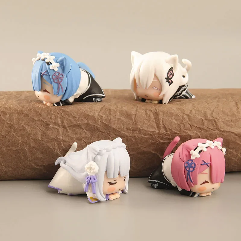 

4pcs Re Life In A Different World From Zero Anime Action Figures Rem Ram Emilia Echidna Models Cute Cat Lying Position Doll Gift