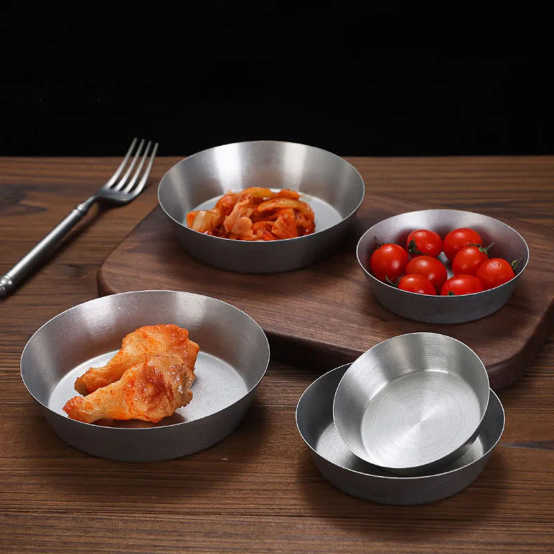 Retro Deep Side 304 Stainless Steel Food Plates Single-layer Sauce Dish Meat Fruit Dessert Trays Tableware Kitchen Dinner Plate
