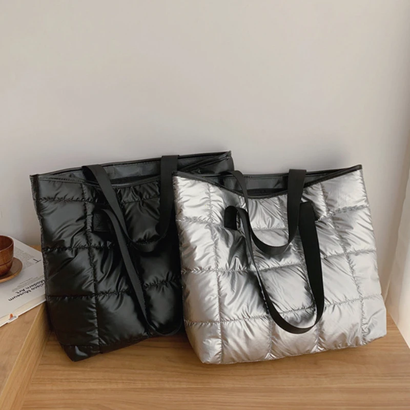 New Fashion Large Tote Padded Handbags Autumn Quilted Women Shoulder Bags Luxury PU Down Cotton Thread Crossbody Bag Winter Bag