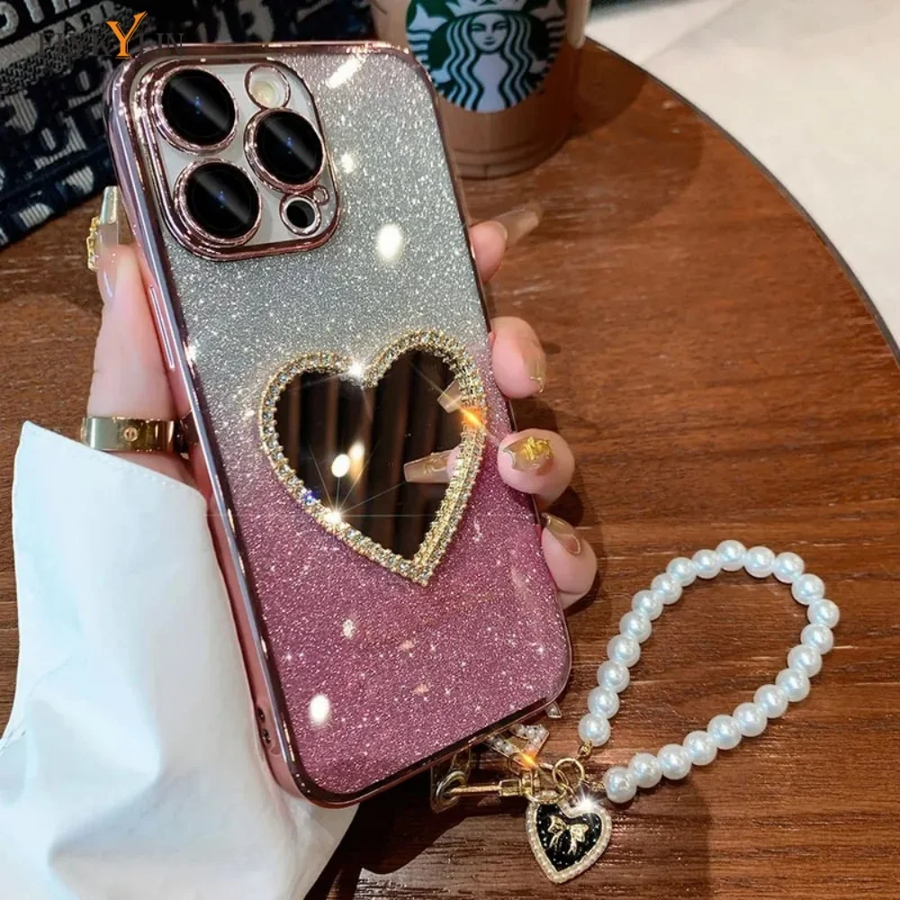 Luxury Diamond Love Mirror Phone Case with Pearl Heart and Hanging Rope