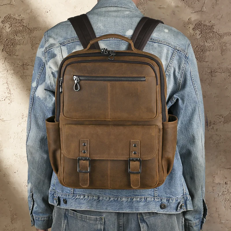 Vintage Crazy Horse Leather Backpack Casual Daypack