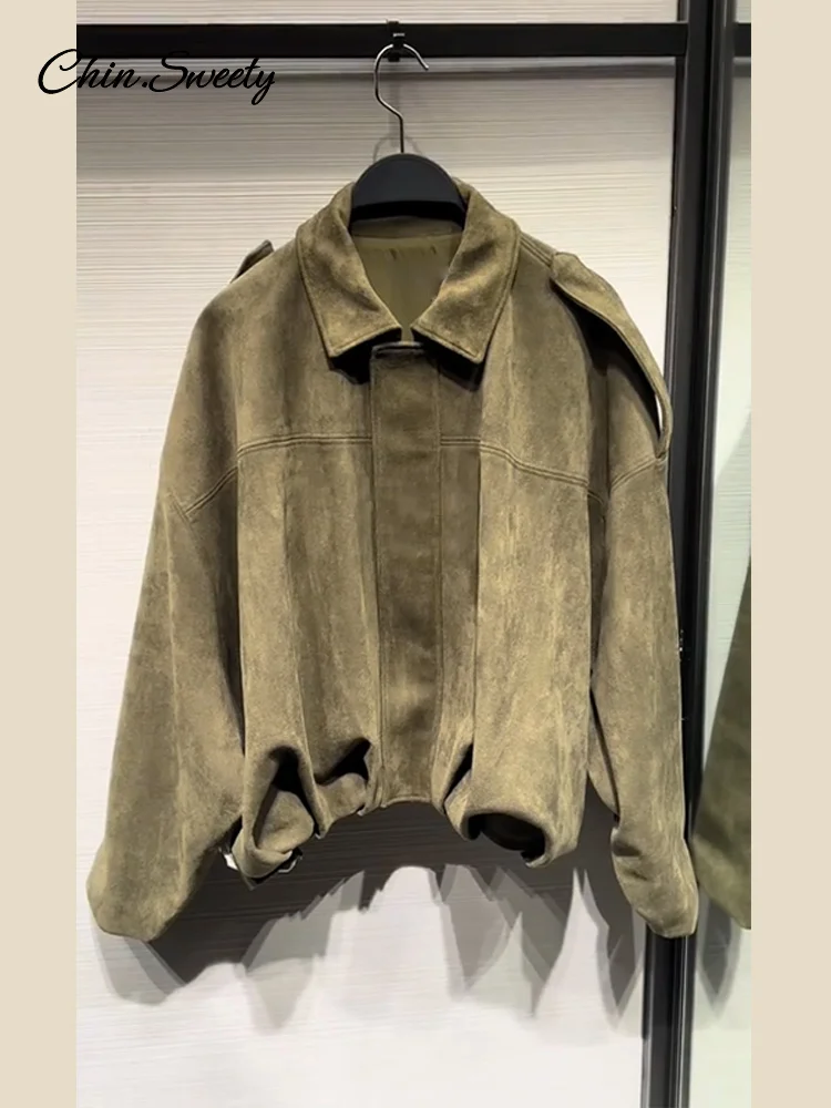 Casual Women's Suede Short Jacket Green Loose Lapel Long