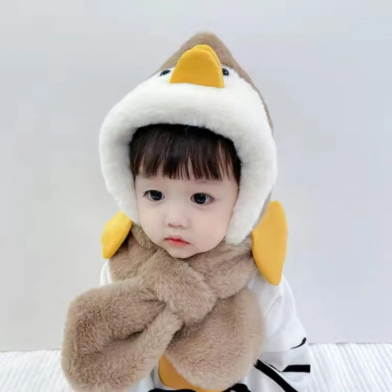 Autumn and Winter Cartoon Scarf One Piece Hat with Thick Windproof Ear Protection and Velvet for Boys Girls