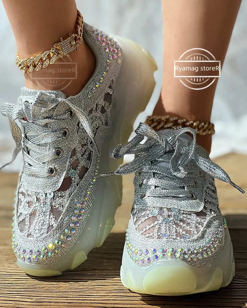 Sneakers women's Rhinestone Lace Patch Contrast Sequin Women