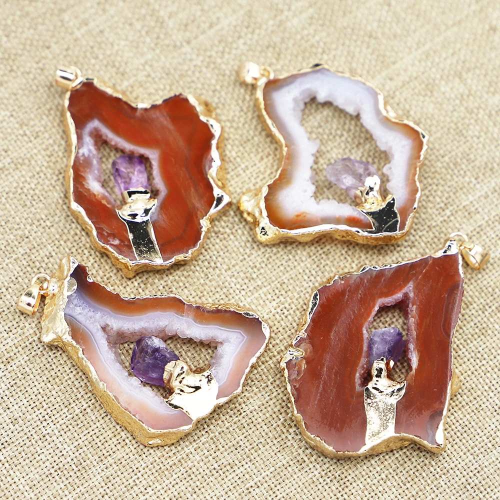 Fashion Natural Stone Agate Druzy Citrine Pendants Irregular Quartz Purple Carnelian Charms Jewelry Making Necklace Accessories