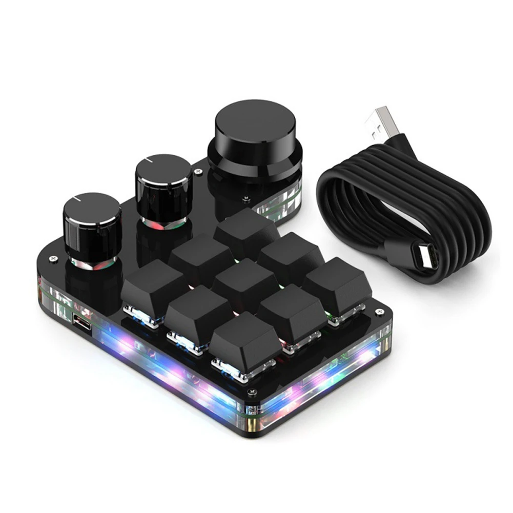 

Custom Macro Keyboard Hot Swap Mini 9 Keys 3 Knob RGB Program 18 Characters Mechanical Keyboard Red Switch, Wired Black