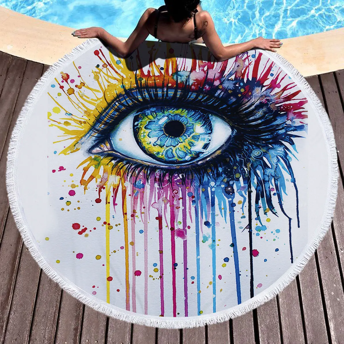 

Microfiber Beach Towel 150x150cm Quick Dry Tassel Design Eyes Printing Beach Towels Round Shape Summer Towel