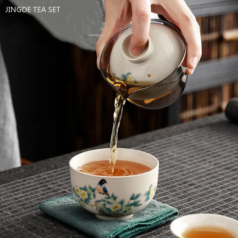 Hand-painted Travel Tea Set Home Car Outdoor Tea Infuser Portable One Pot Three Cups Ceramic Teaware Bring A Storage Bag