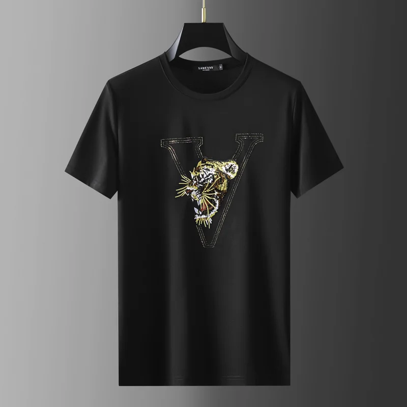 

diamond European embroidered hot tiger head t-shirt men's handsome fashion casual short sleeve summer high-end round neck top
