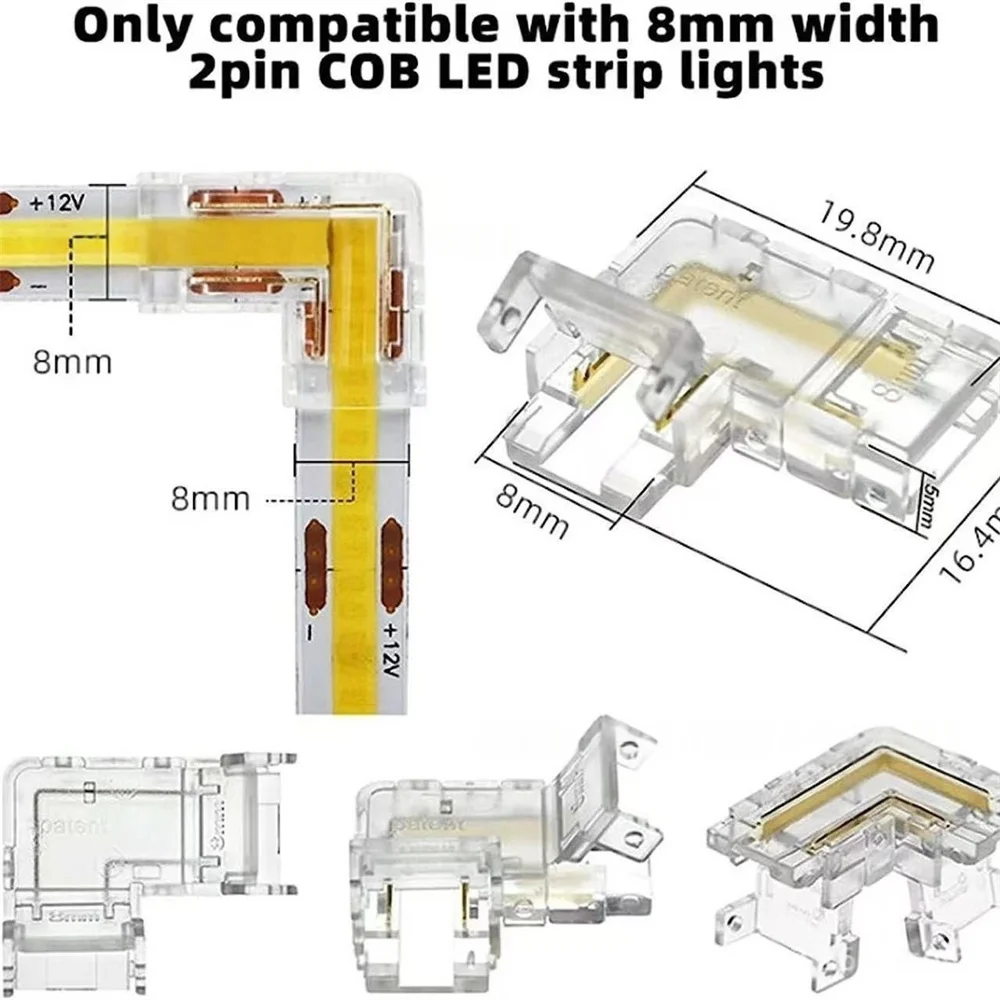 1세트 2핀 L자형 5/8mm 무납땜 코너 커넥터 및 2핀 5/8mm COB LED 커넥터(2핀 COB LED 스트립 조명용)